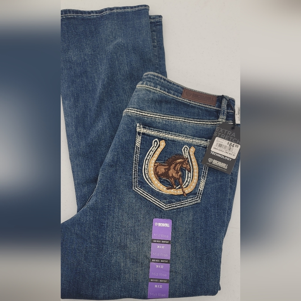 NWT Rock & Roll Denim Jeans Boot Cut Sz 36 x 32 Horse embroidery on pocket